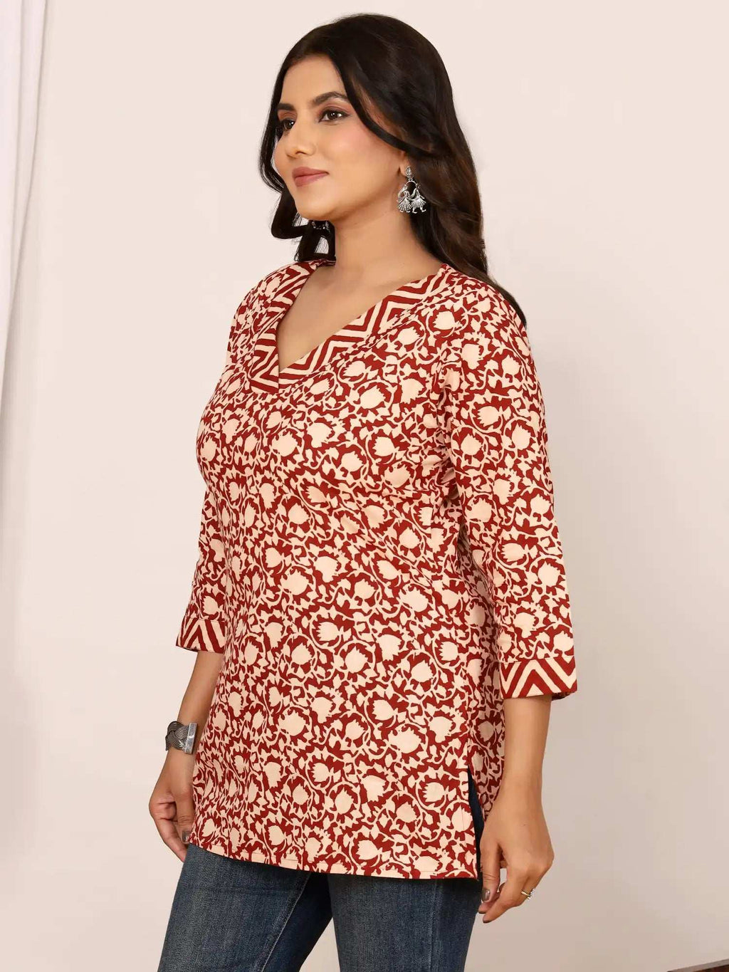 Sanganeri Beige & Maroon Floral Jaal Cotton Top