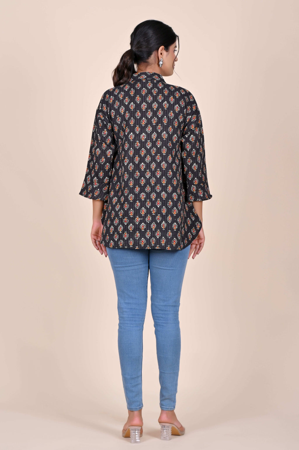 Women's Katha Work Pure Cotton Shirt – Black Floral Buti Design