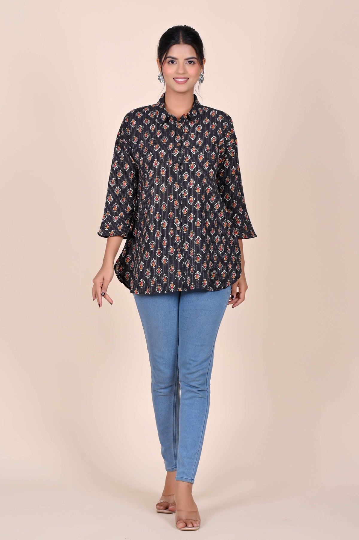 Women's Katha Work Pure Cotton Shirt – Black Floral Buti Design