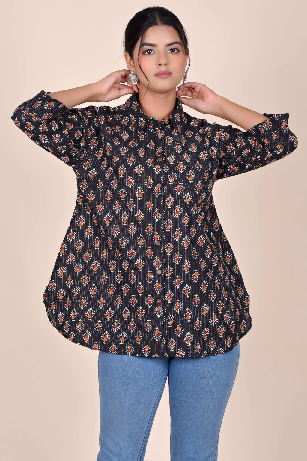 Women's Katha Work Pure Cotton Shirt – Black Floral Buti Design