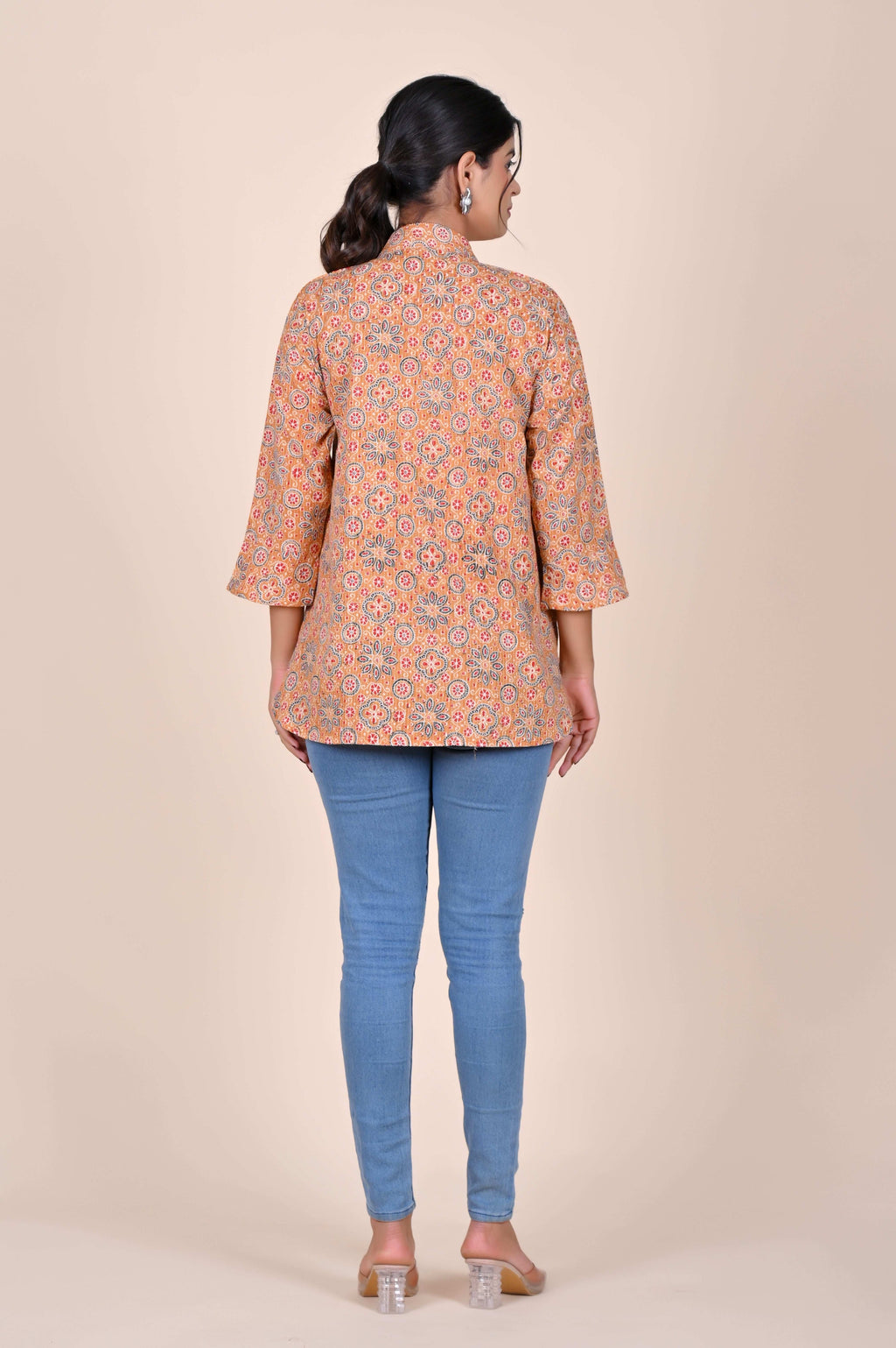Women's Katha Work Pure Cotton Shirt – Beige Geometric Floral Design