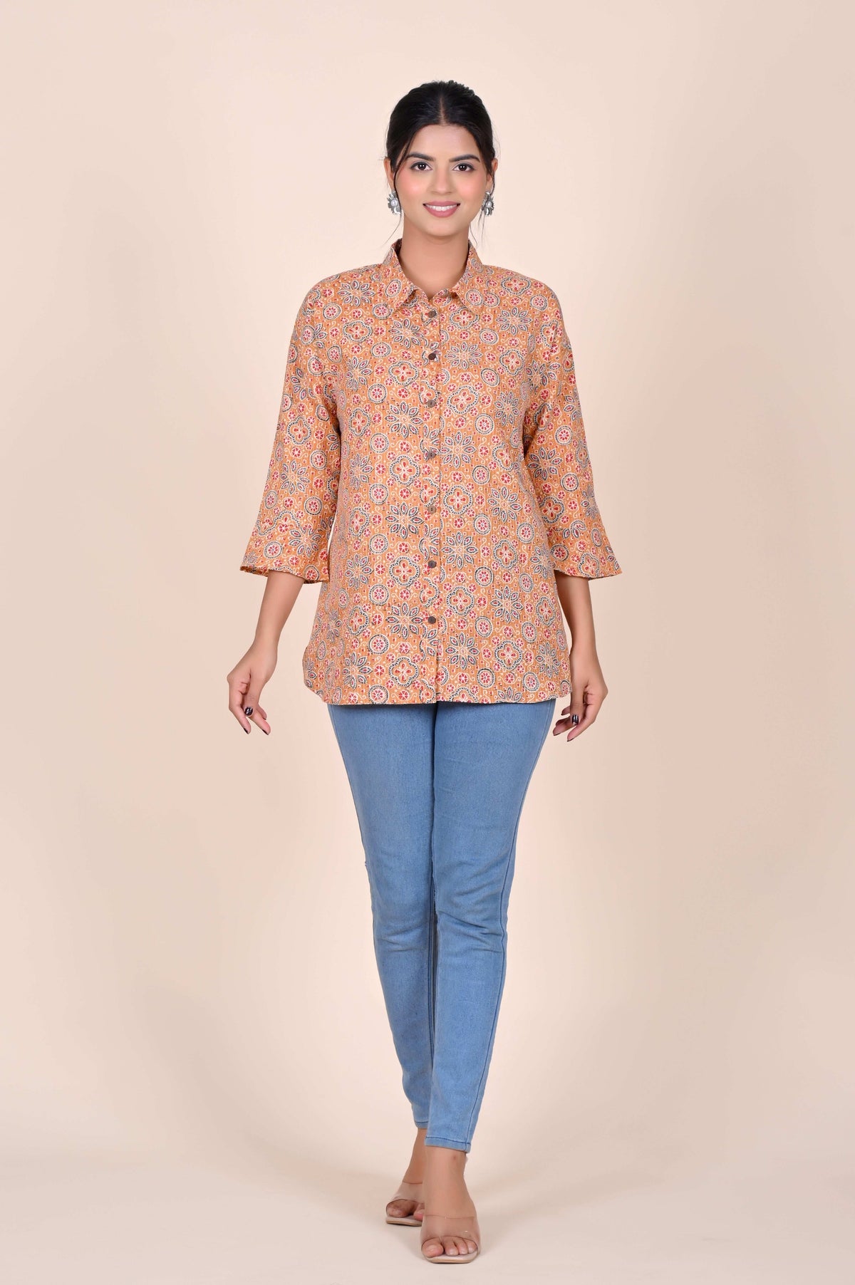 Women's Katha Work Pure Cotton Shirt – Beige Geometric Floral Design
