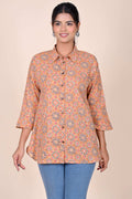 Women's Katha Work Pure Cotton Shirt – Beige Geometric Floral Design
