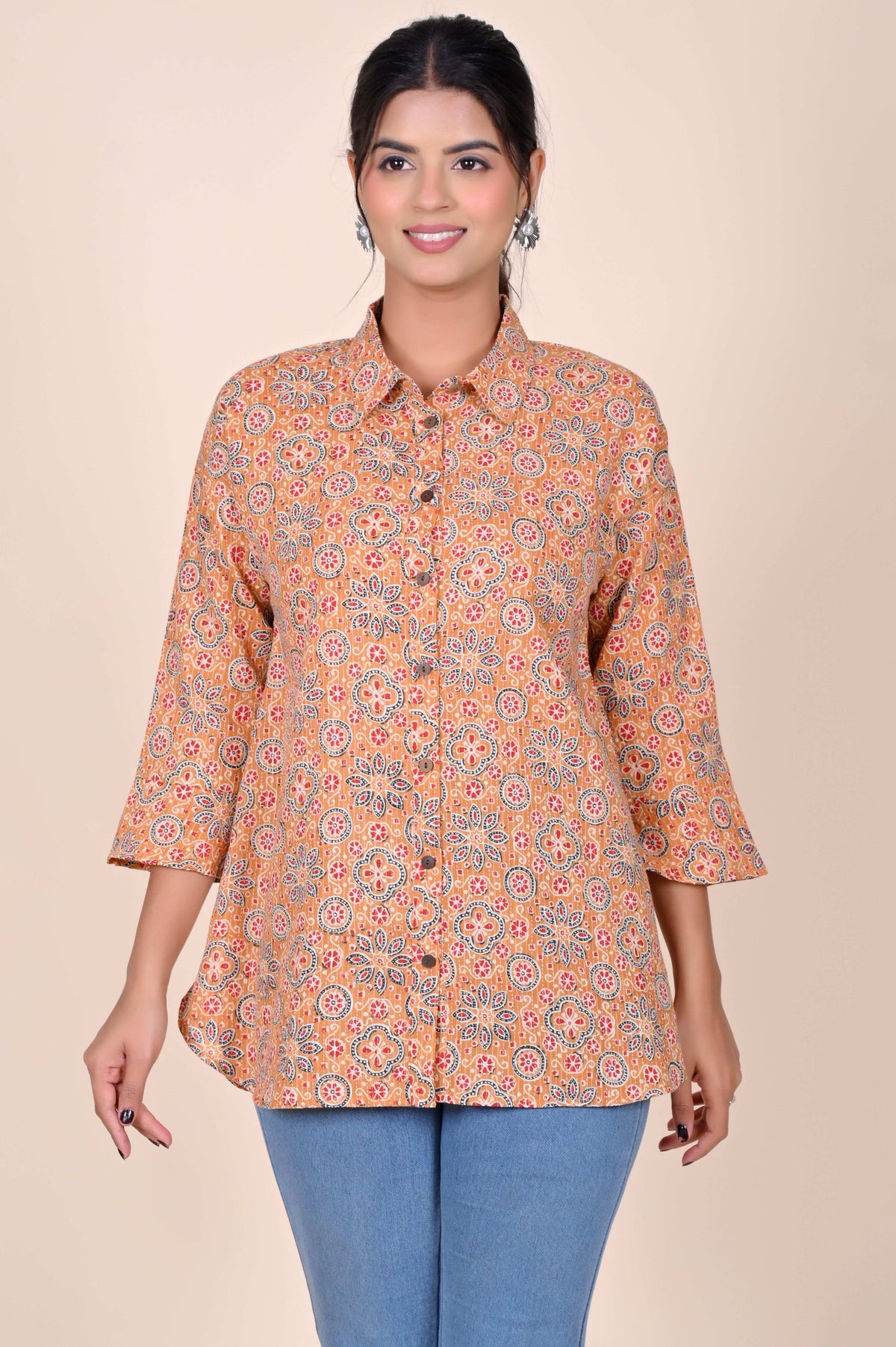 Women's Katha Work Pure Cotton Shirt – Beige Geometric Floral Design