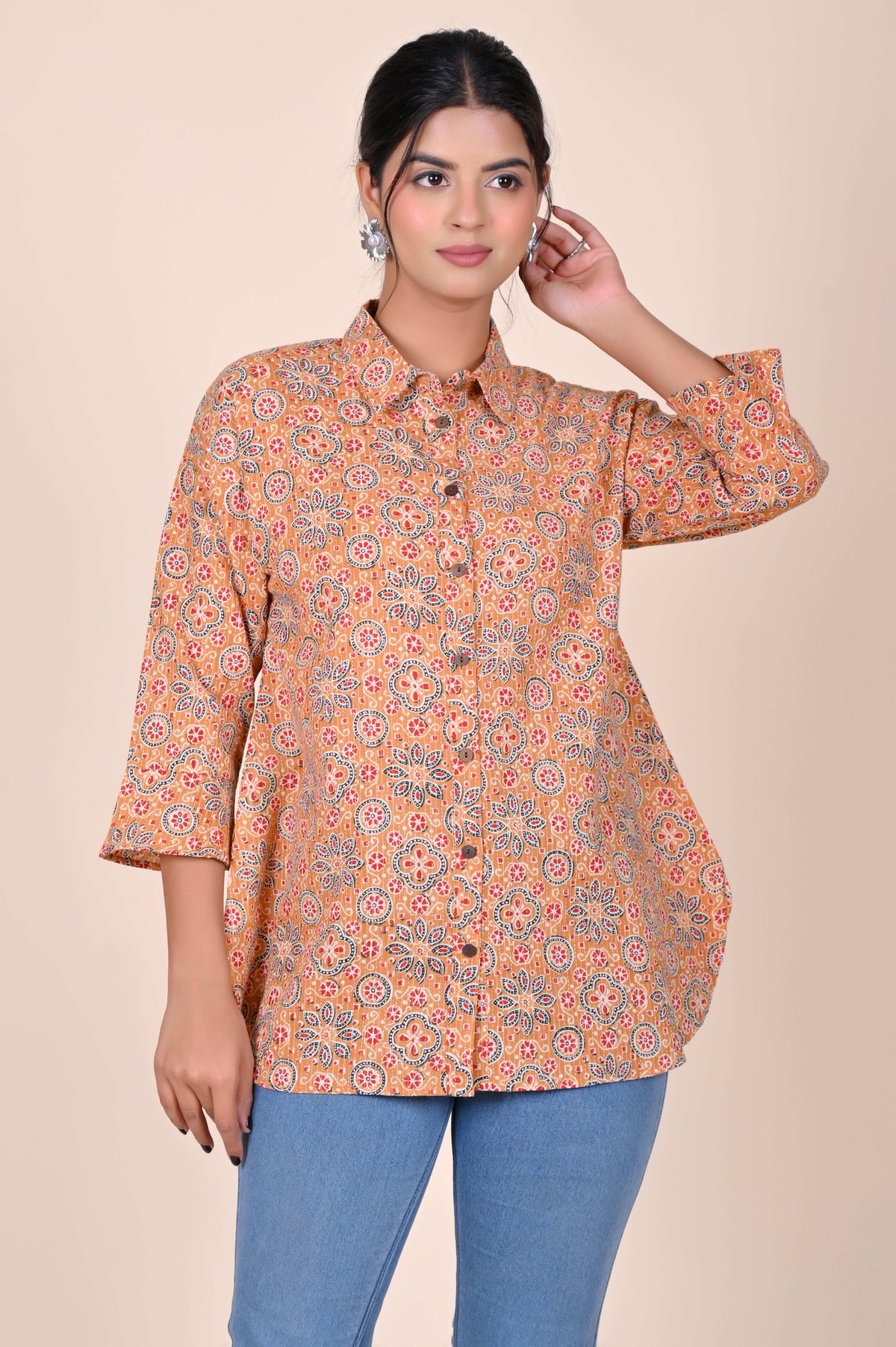 Women's Katha Work Pure Cotton Shirt – Beige Geometric Floral Design