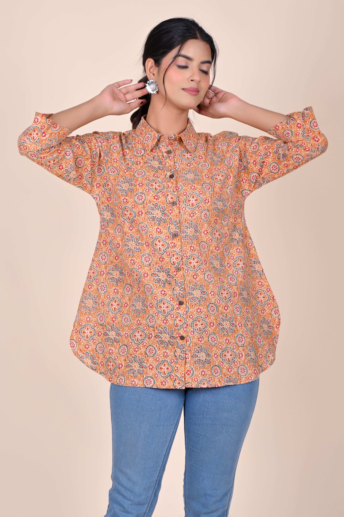 Women's Katha Work Pure Cotton Shirt – Beige Geometric Floral Design