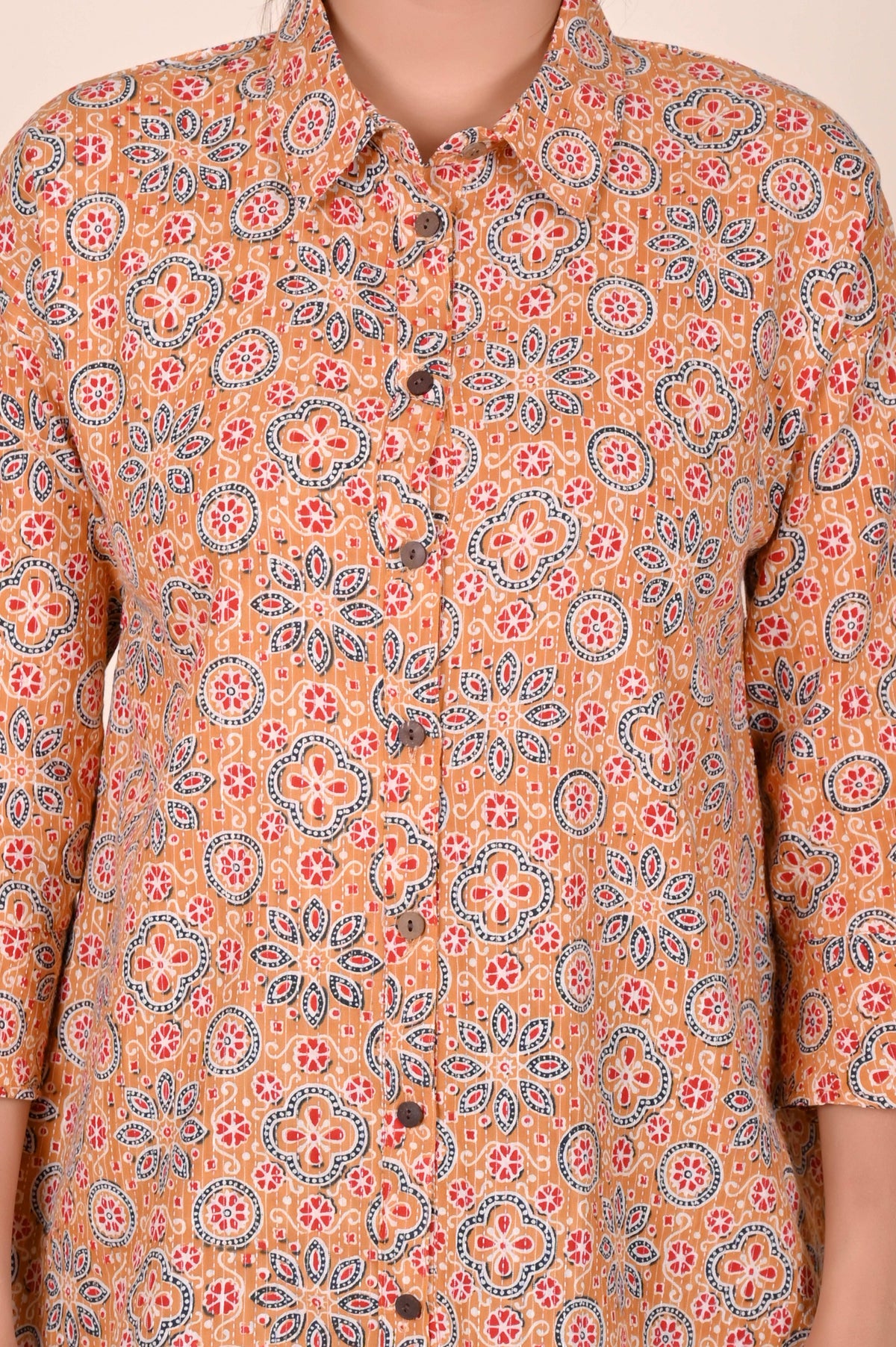 Women's Katha Work Pure Cotton Shirt – Beige Geometric Floral Design
