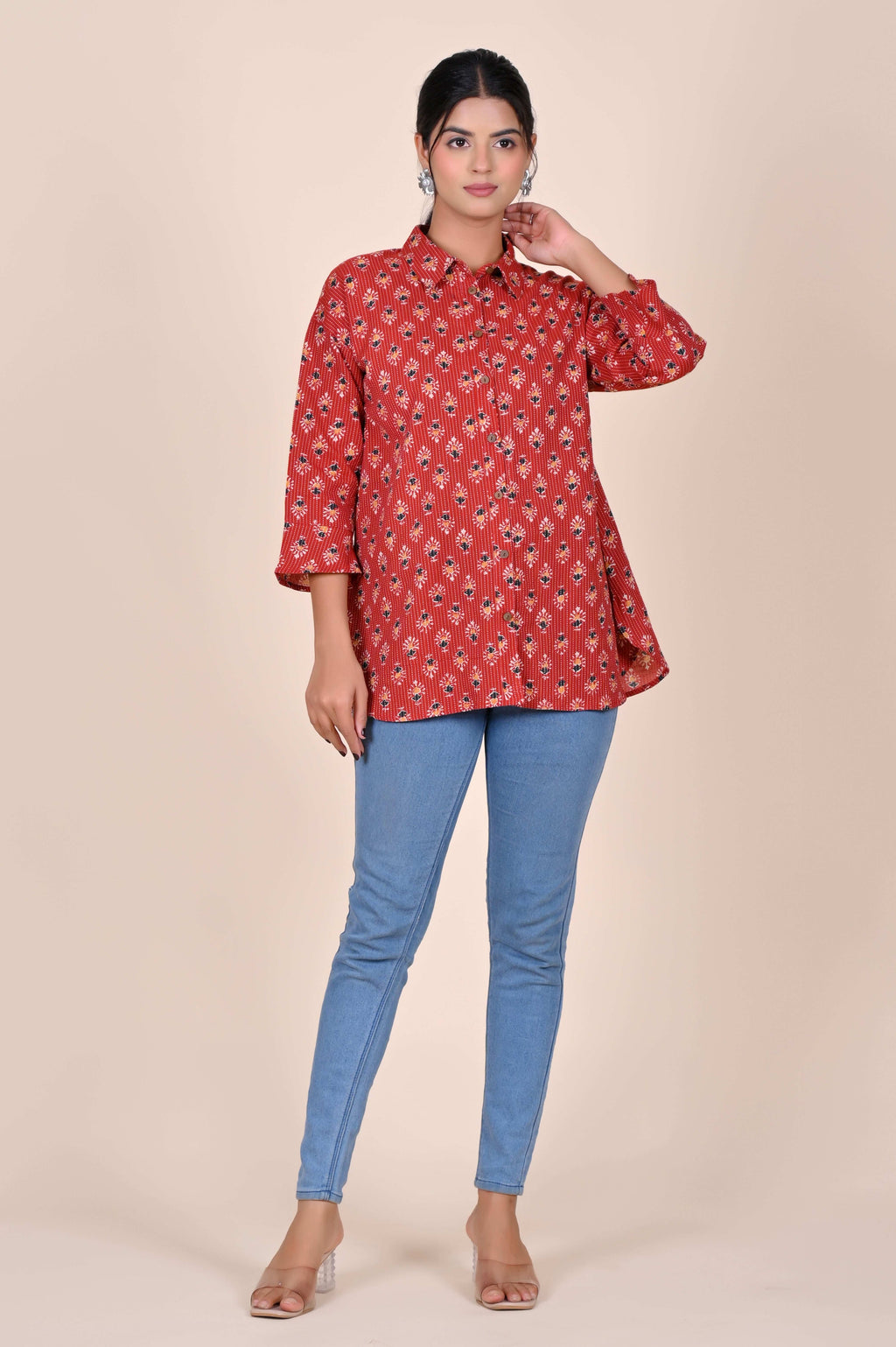 Women's Katha Work Pure Cotton Shirt – Red Floral Buti Design