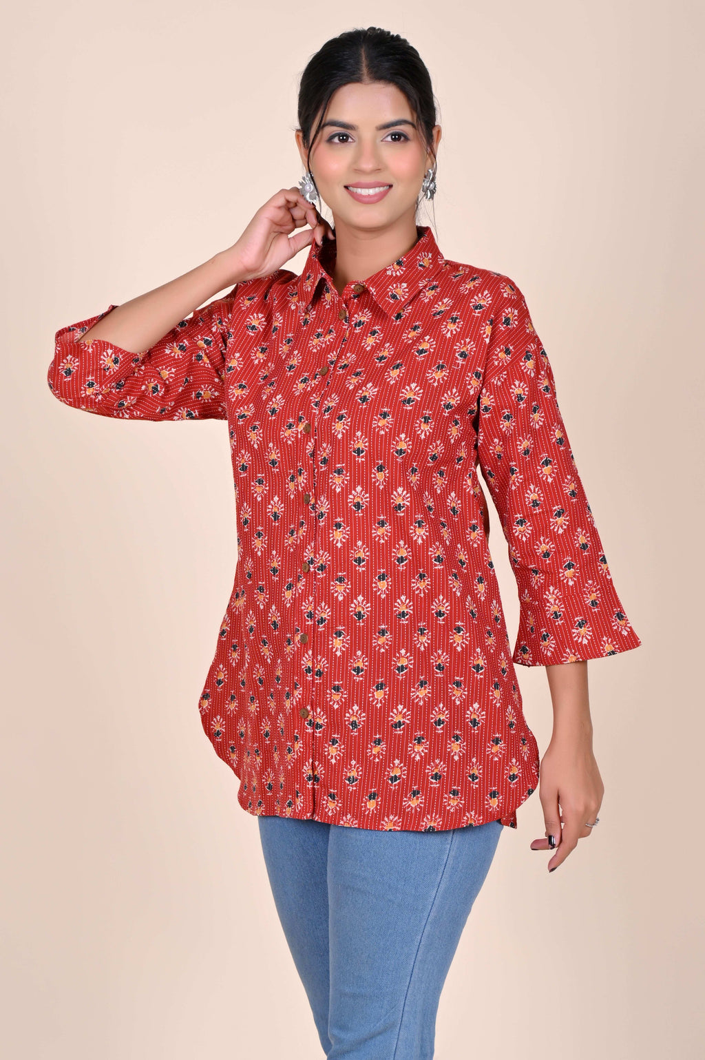Women's Katha Work Pure Cotton Shirt – Red Floral Buti Design