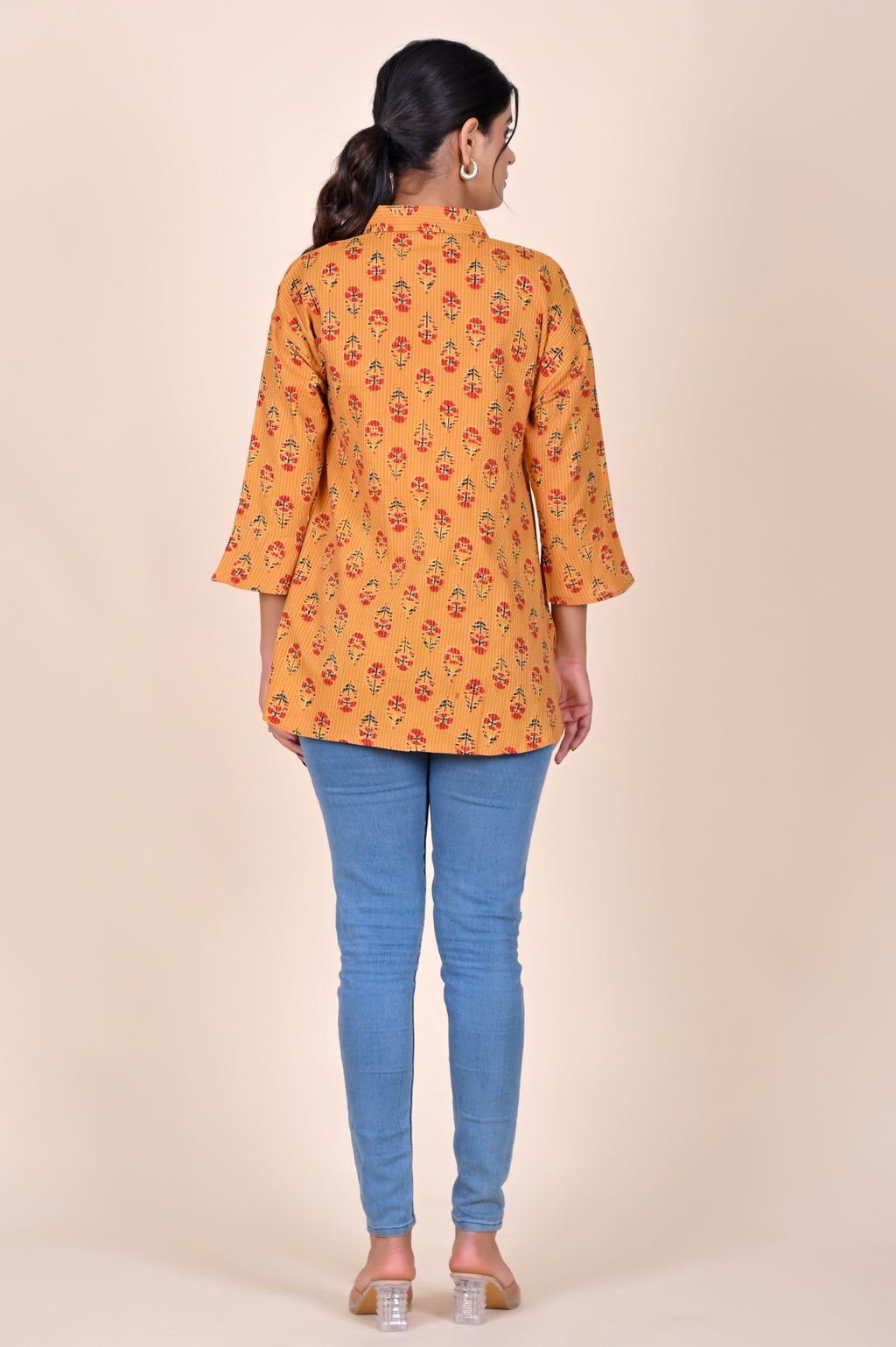 Women's Katha Work Pure Cotton Shirt – Mustard Floral Design
