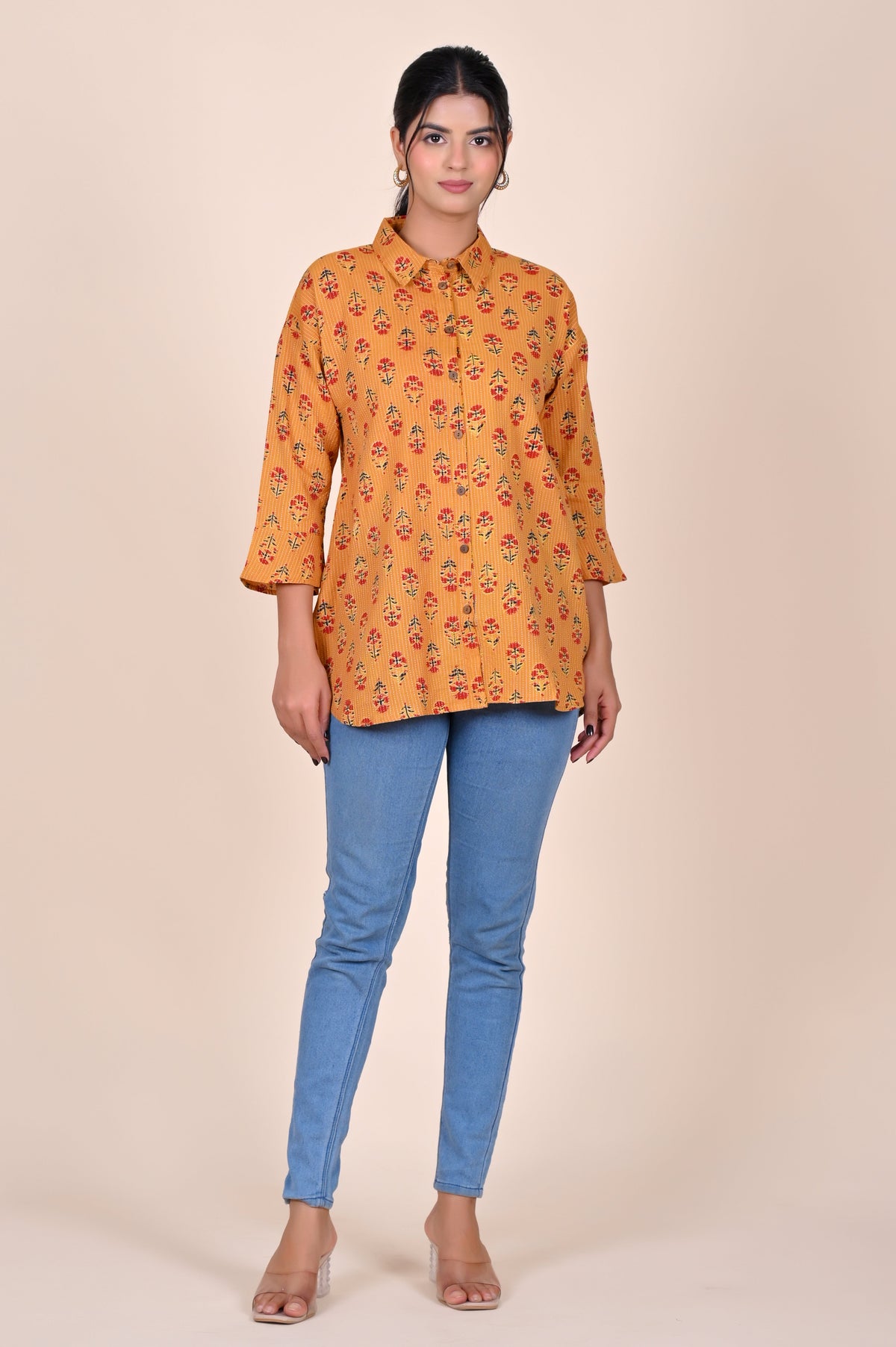 Women's Katha Work Pure Cotton Shirt – Mustard Floral Design