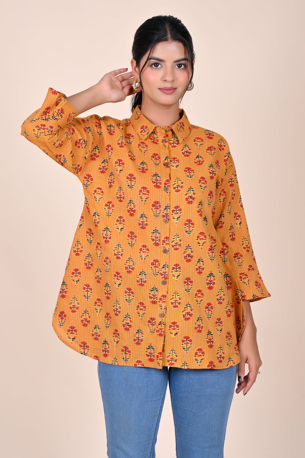 Women's Katha Work Pure Cotton Shirt – Mustard Floral Design