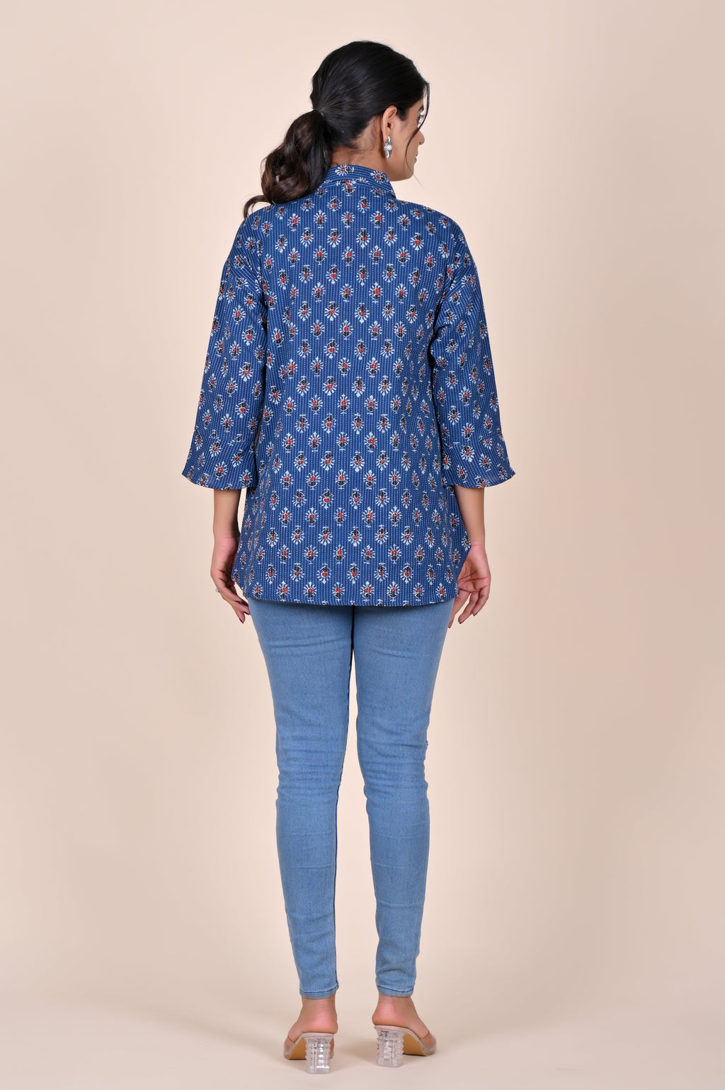 Women's Katha Work Pure Cotton Shirt – Indigo Floral Buti Design