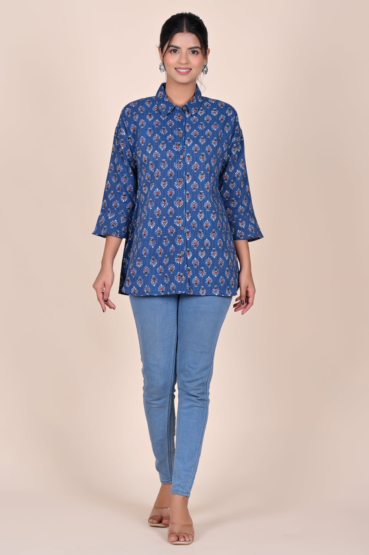 Women's Katha Work Pure Cotton Shirt – Indigo Floral Buti Design