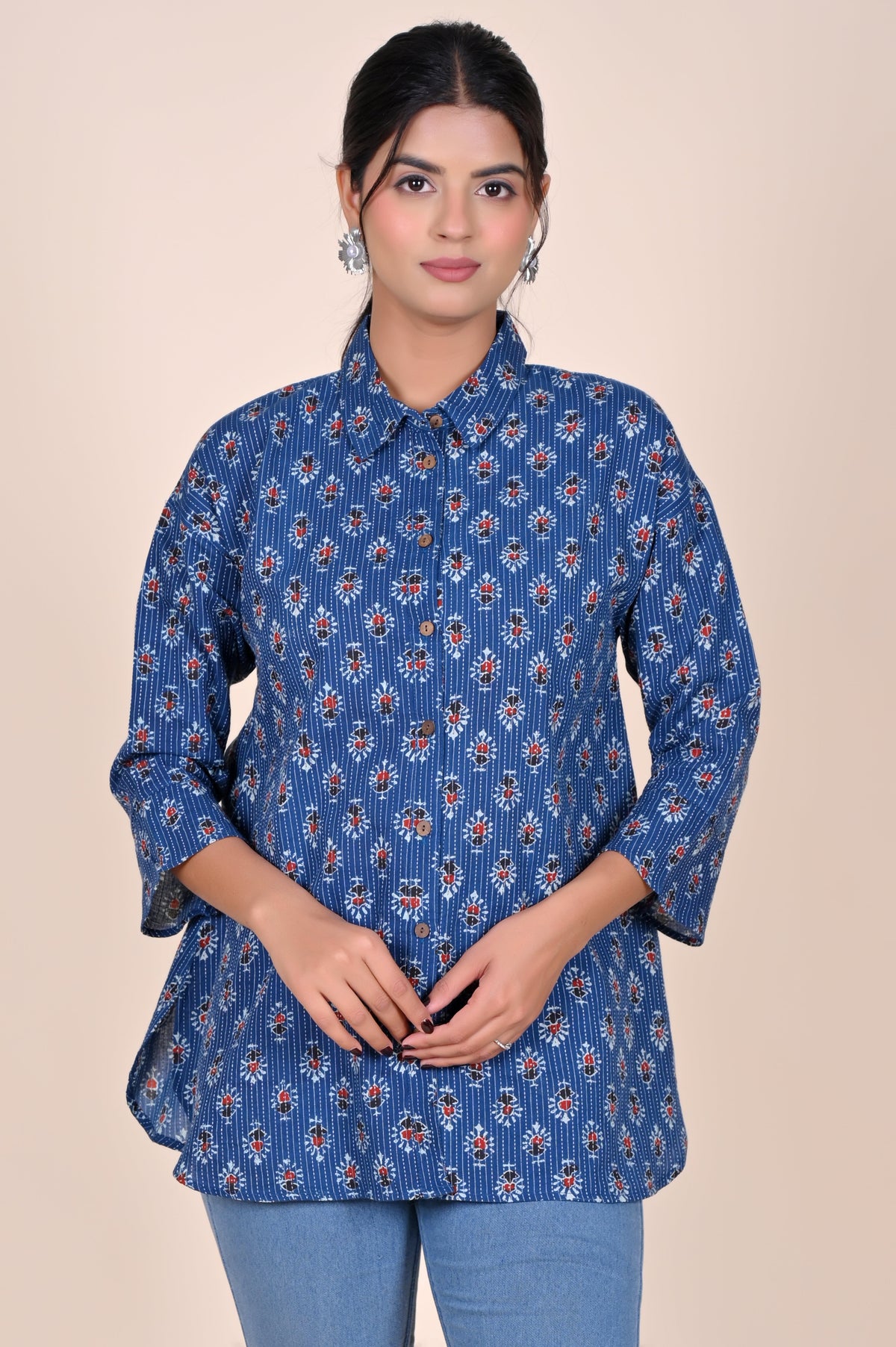 Women's Katha Work Pure Cotton Shirt – Indigo Floral Buti Design