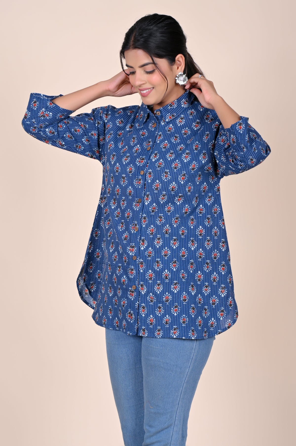 Women's Katha Work Pure Cotton Shirt – Indigo Floral Buti Design