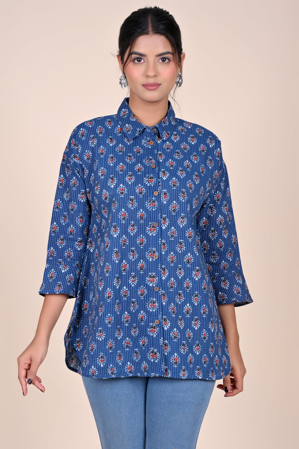 Women's Katha Work Pure Cotton Shirt – Indigo Floral Buti Design