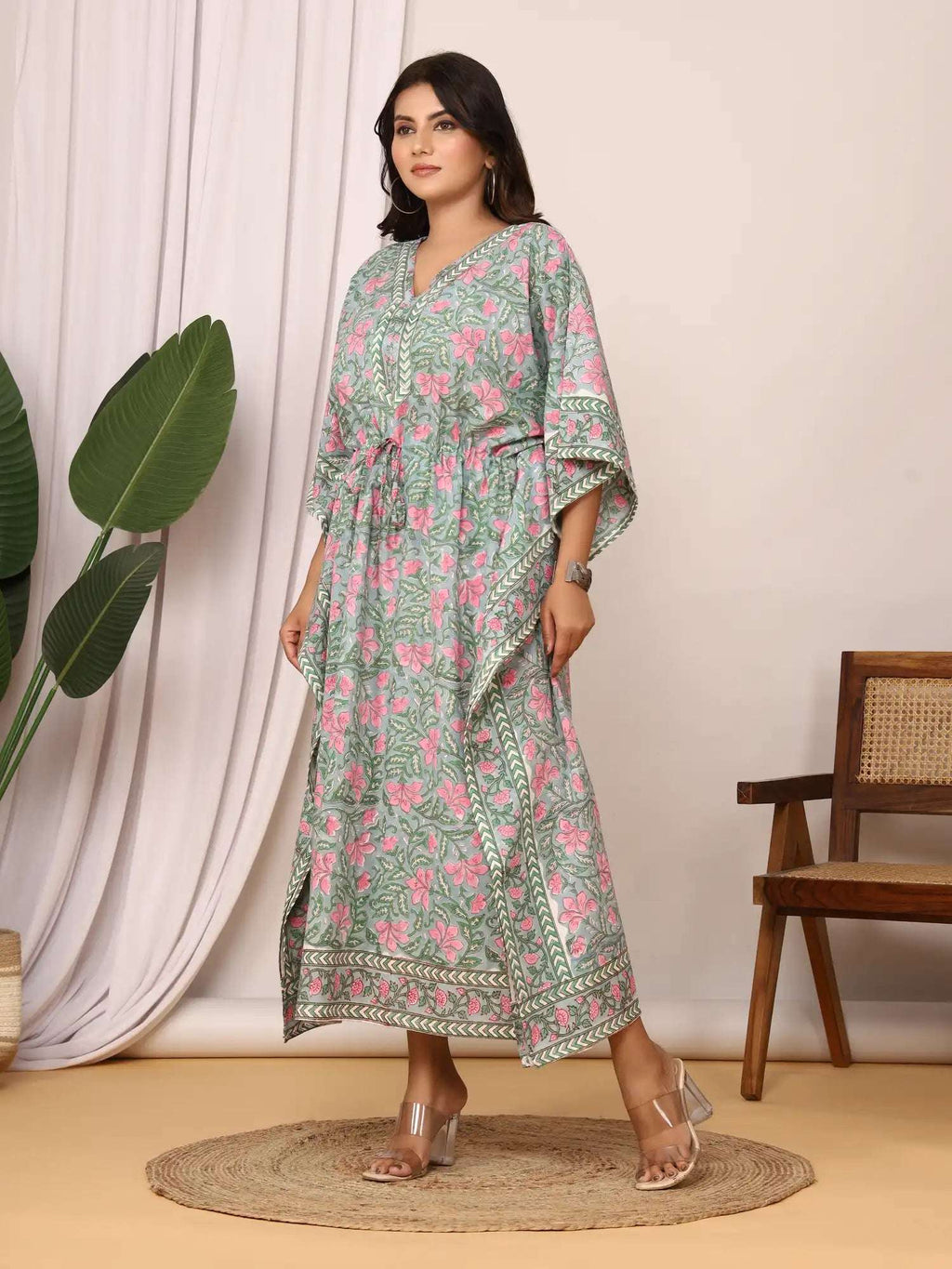 Sanganeri Floral Print Soft Grey & Pink Cotton Kaftan