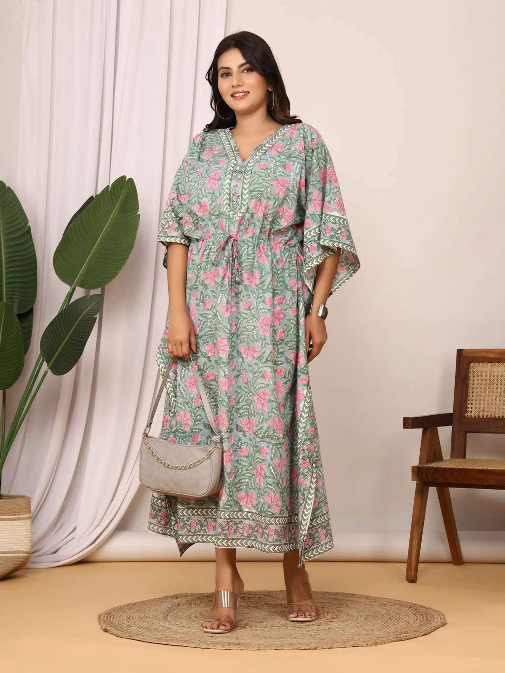Sanganeri Floral Print Soft Grey & Pink Cotton Kaftan