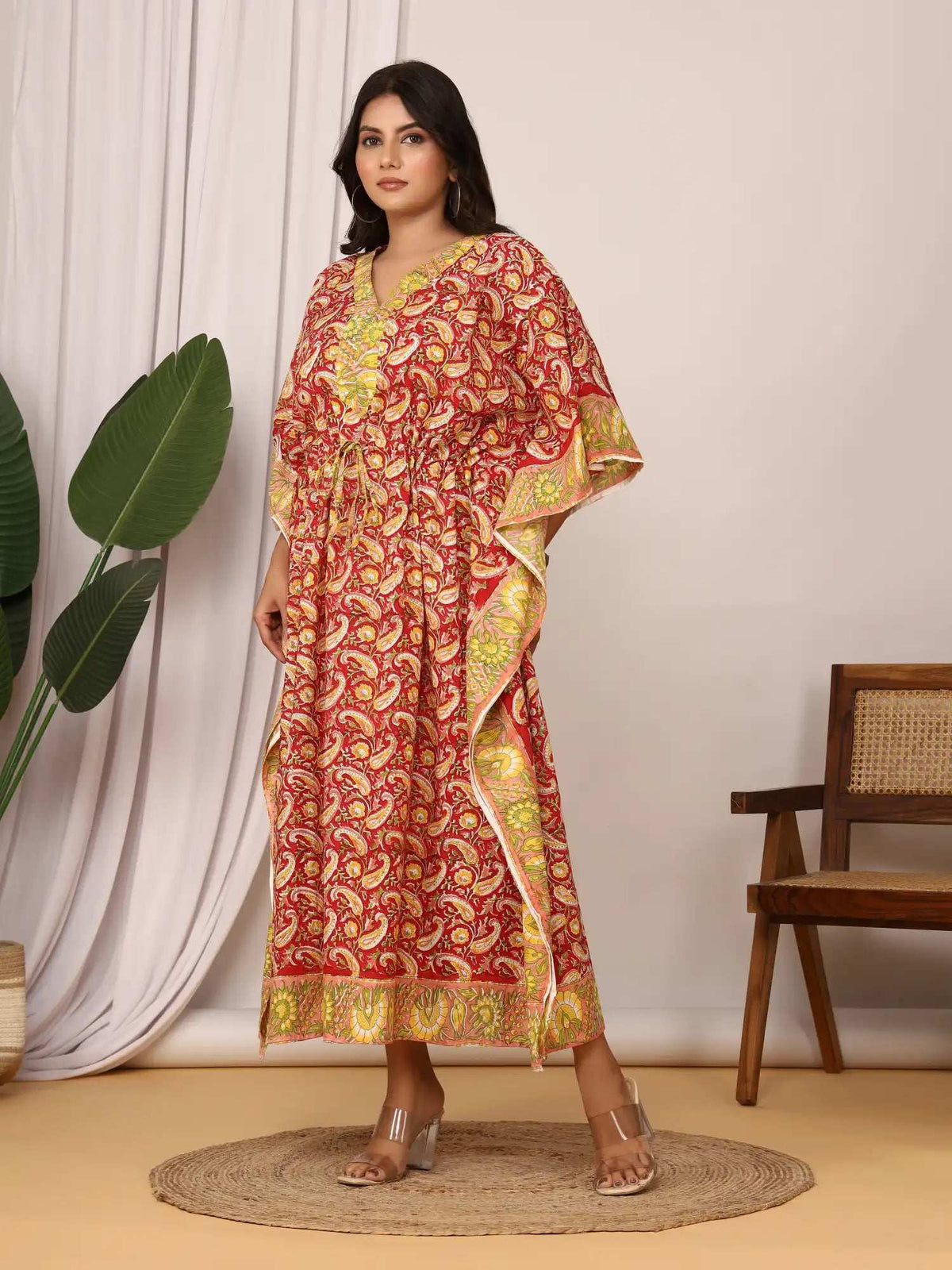 Sanganeri Paisley Print Red & Yellow Cotton Kaftan