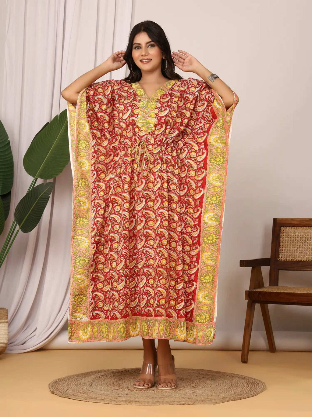 Sanganeri Paisley Print Red & Yellow Cotton Kaftan