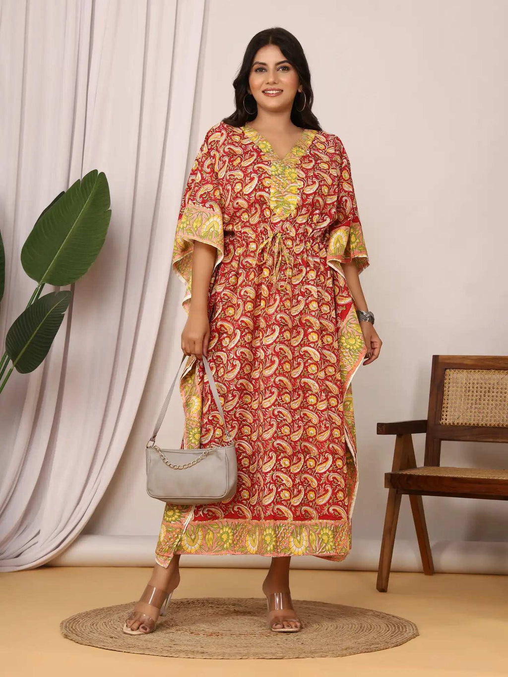 Sanganeri Paisley Print Red & Yellow Cotton Kaftan