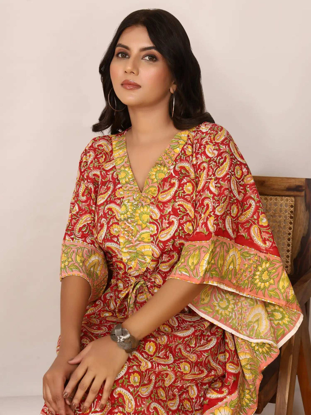 Sanganeri Paisley Print Red & Yellow Cotton Kaftan