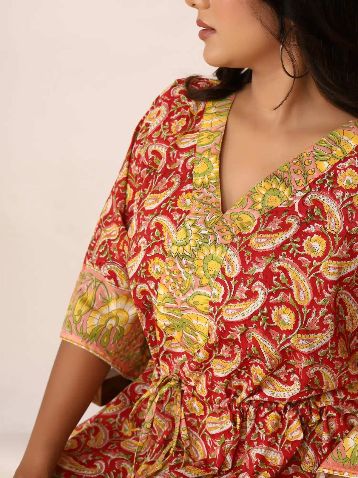 Sanganeri Paisley Print Red & Yellow Cotton Kaftan