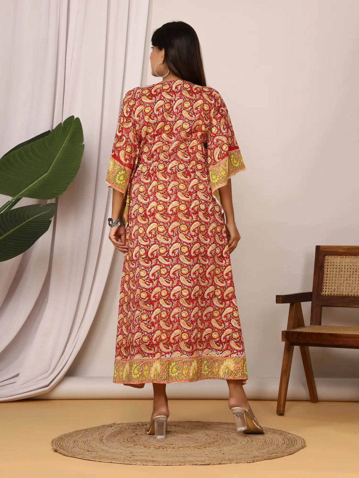 Sanganeri Paisley Print Red & Yellow Cotton Kaftan