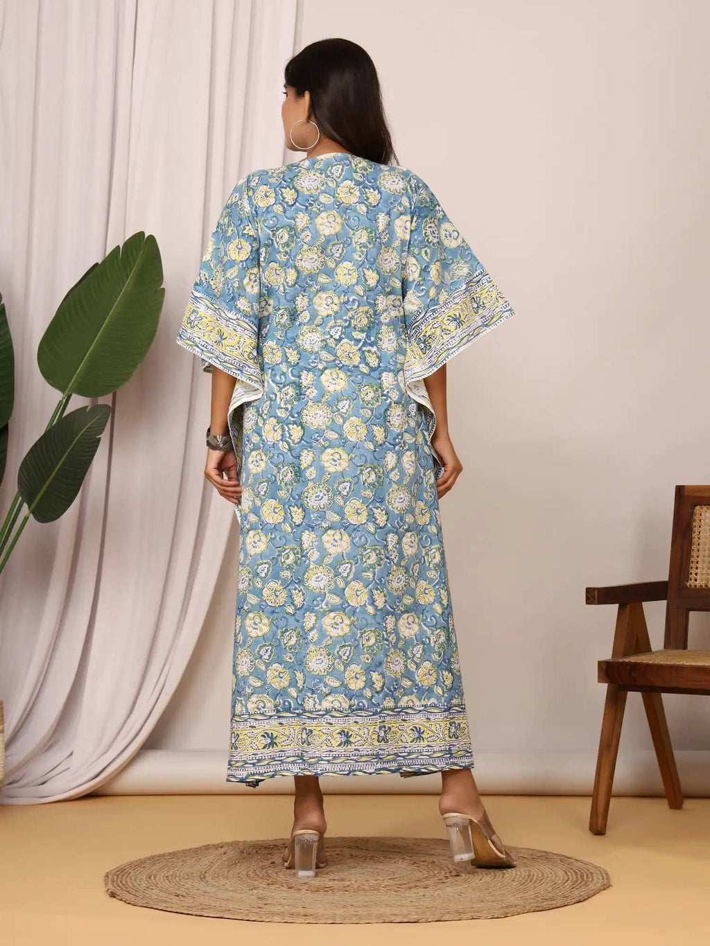 Sanganeri Floral Print Blue & Yellow Cotton Kaftan