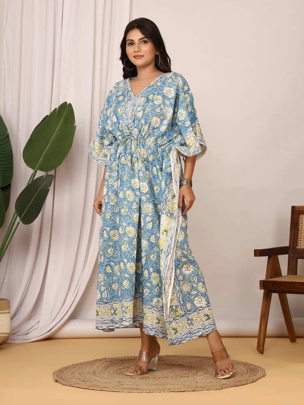 Sanganeri Floral Print Blue & Yellow Cotton Kaftan
