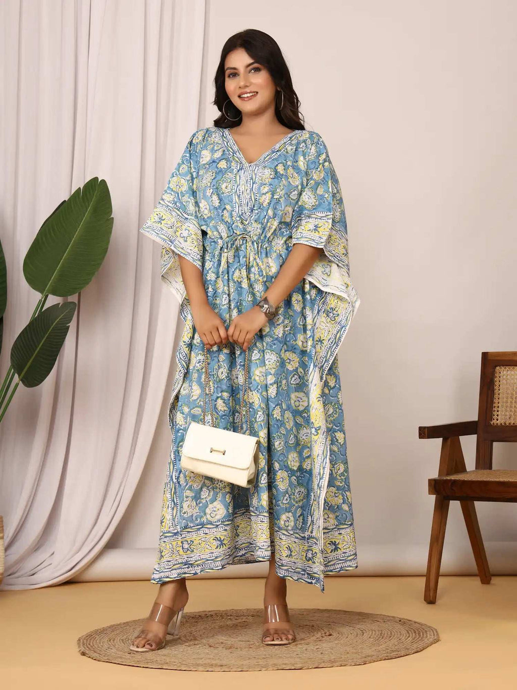 Sanganeri Floral Print Blue & Yellow Cotton Kaftan