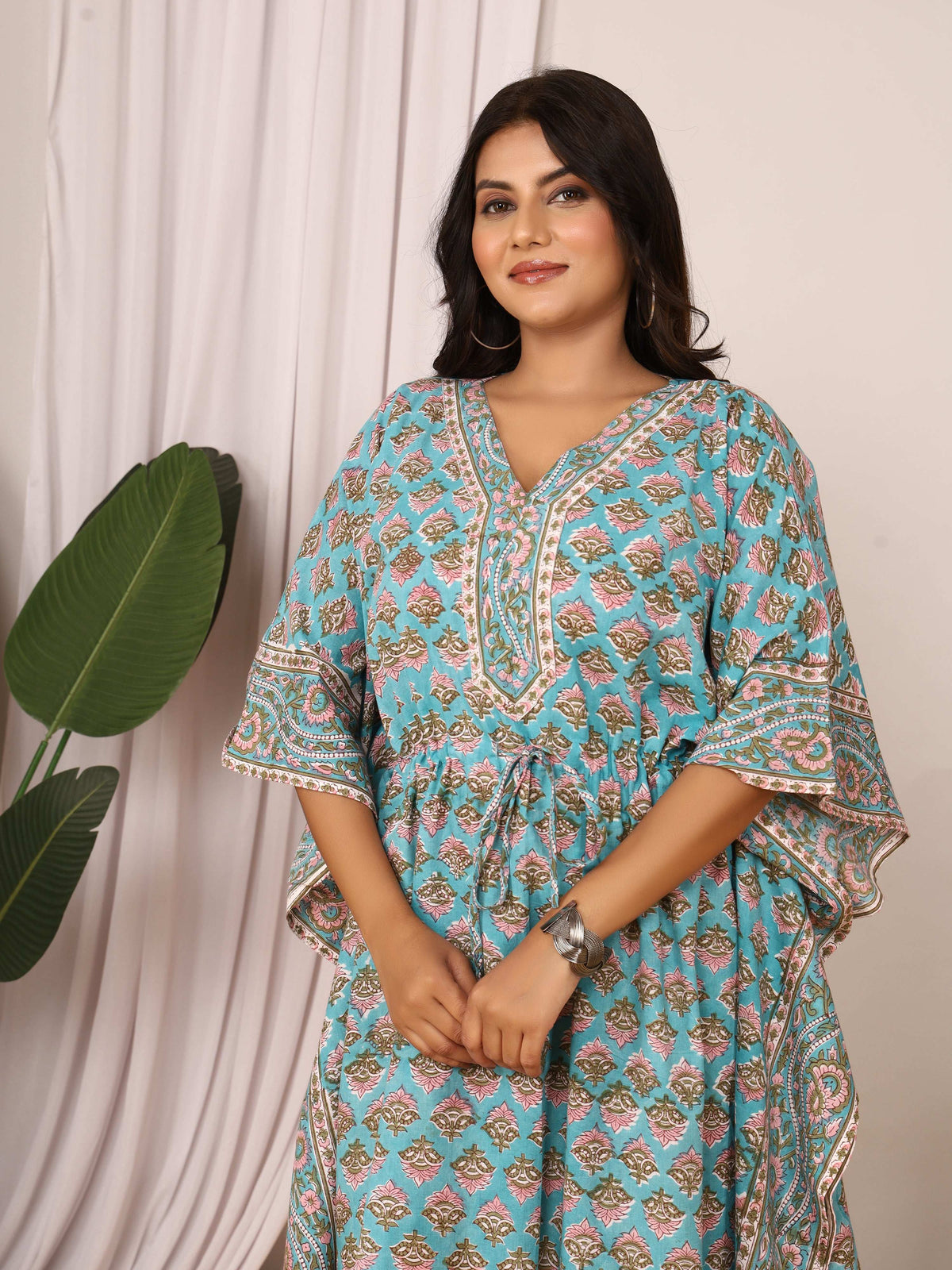 Sanganeri Block Buti Print Aqua Blue Cotton Kaftan