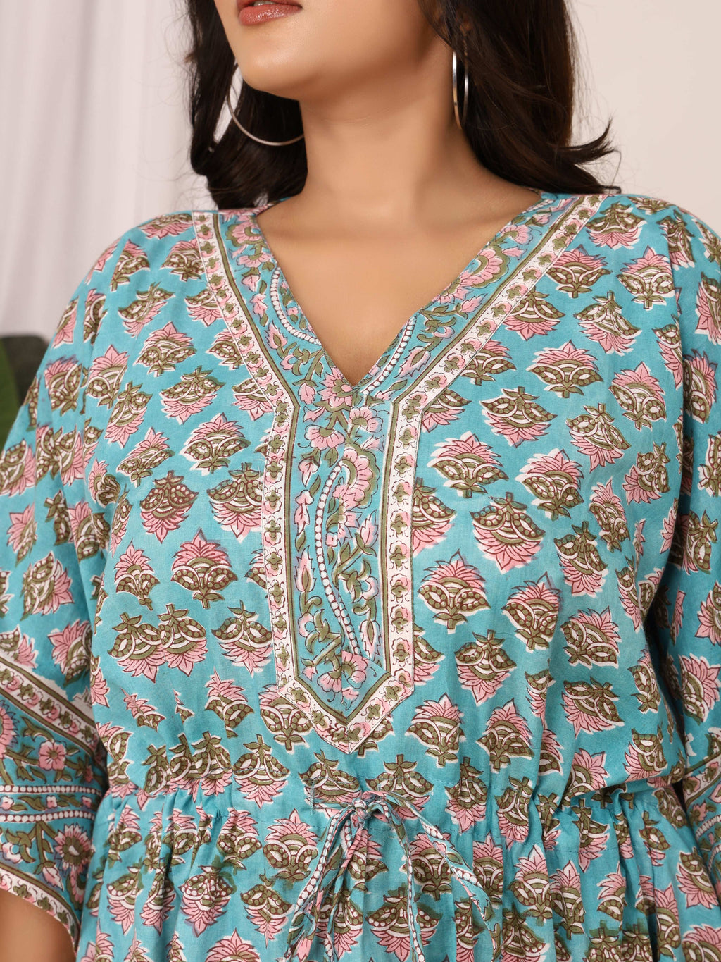 Sanganeri Block Buti Print Aqua Blue Cotton Kaftan