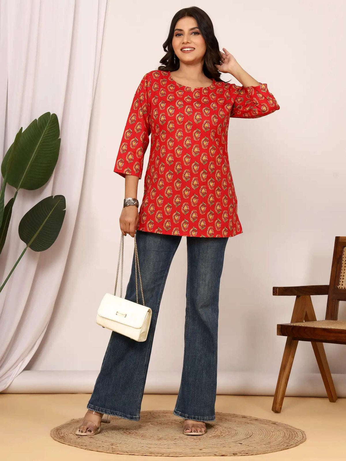 Sanganeri Red Floral Buti Print Cotton Top