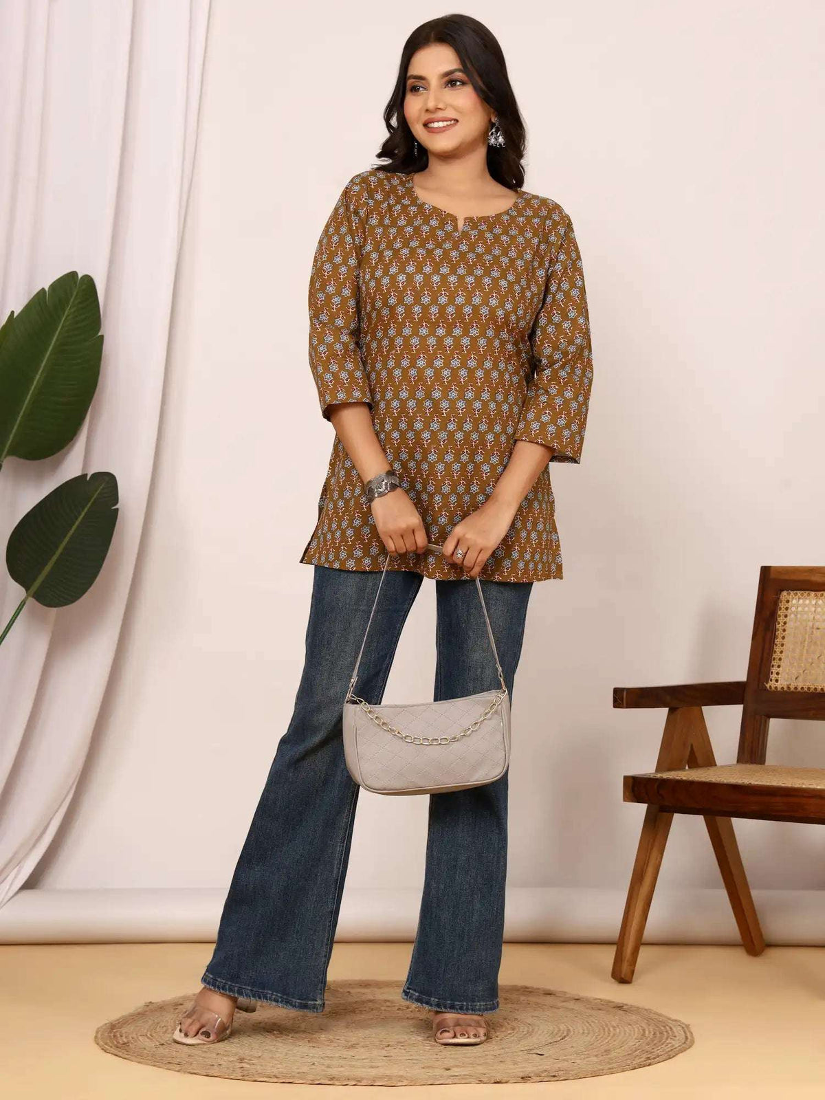 Sanganeri Olive Brown Floral Cotton Top
