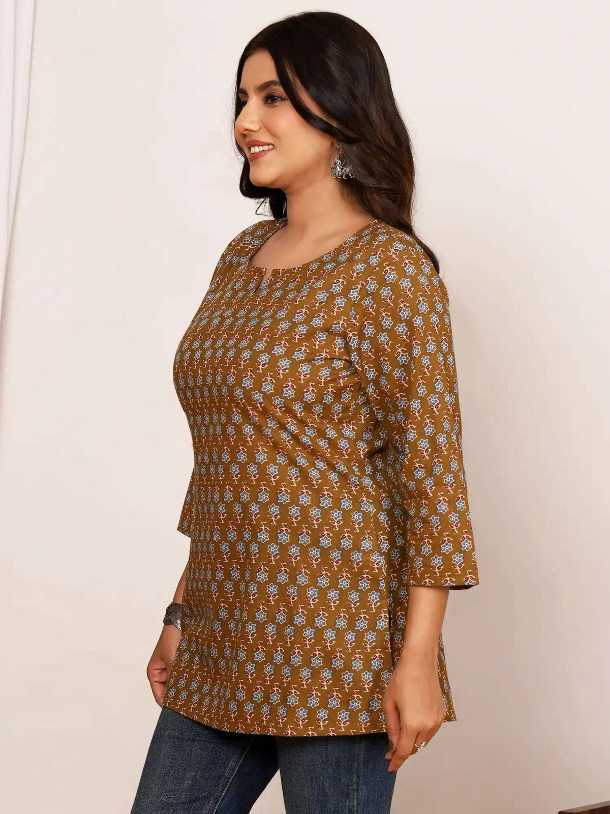 Sanganeri Olive Brown Floral Cotton Top
