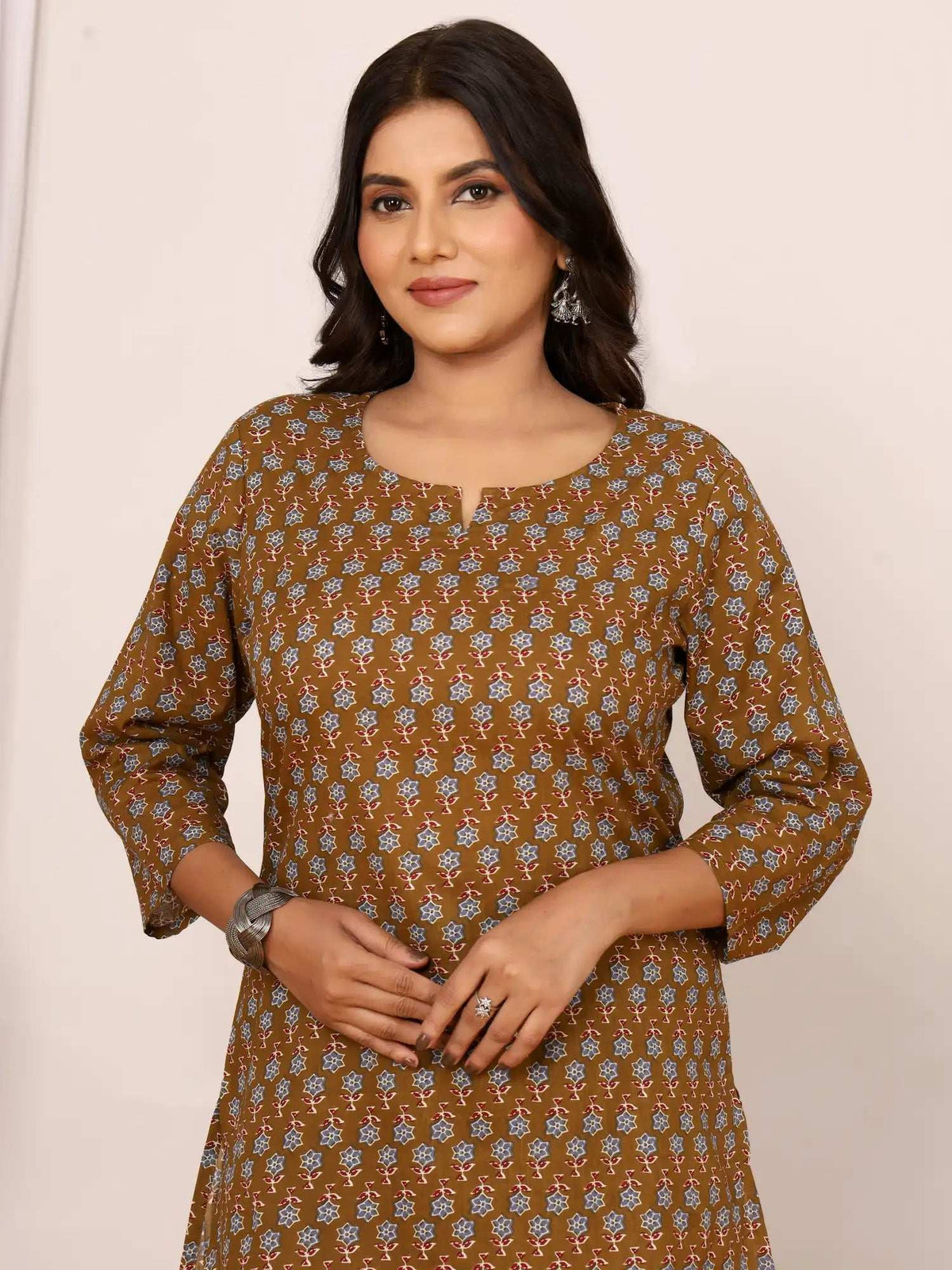 Sanganeri Olive Brown Floral Cotton Top