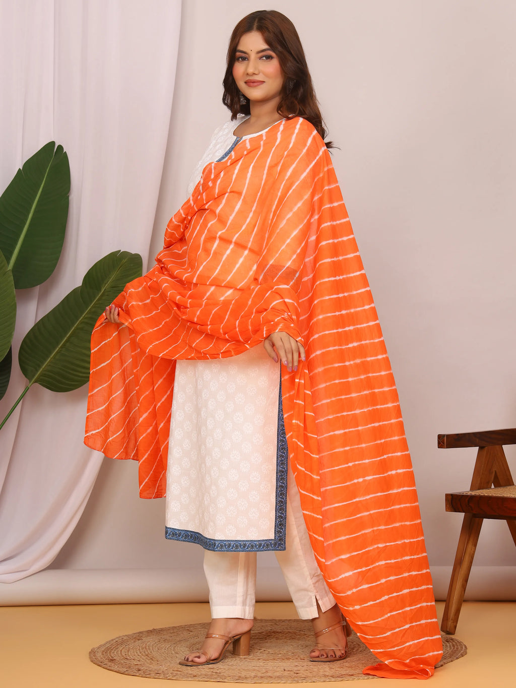 Orange Pure Cotton Hand Tied Lehriya Dupatta (2.5 Meter)