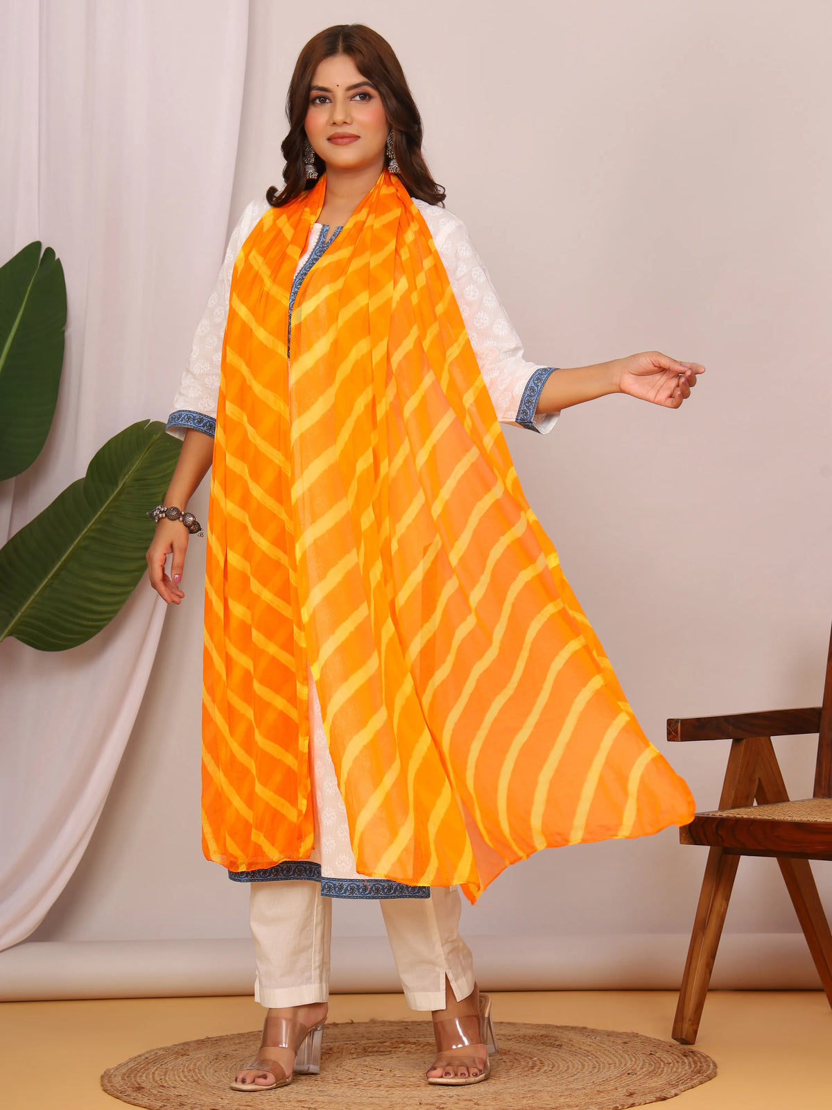 Yellow Orange Nazmin Chiffon Hand Tied Leheriya Dupatta (2.5 Meter)