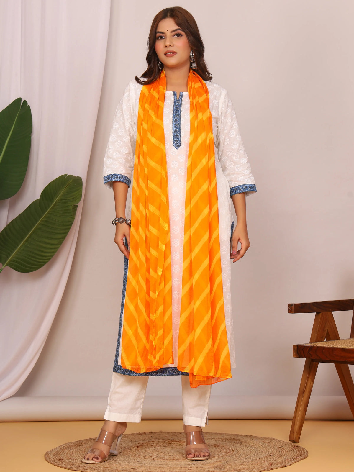 Yellow Orange Nazmin Chiffon Hand Tied Leheriya Dupatta (2.5 Meter)