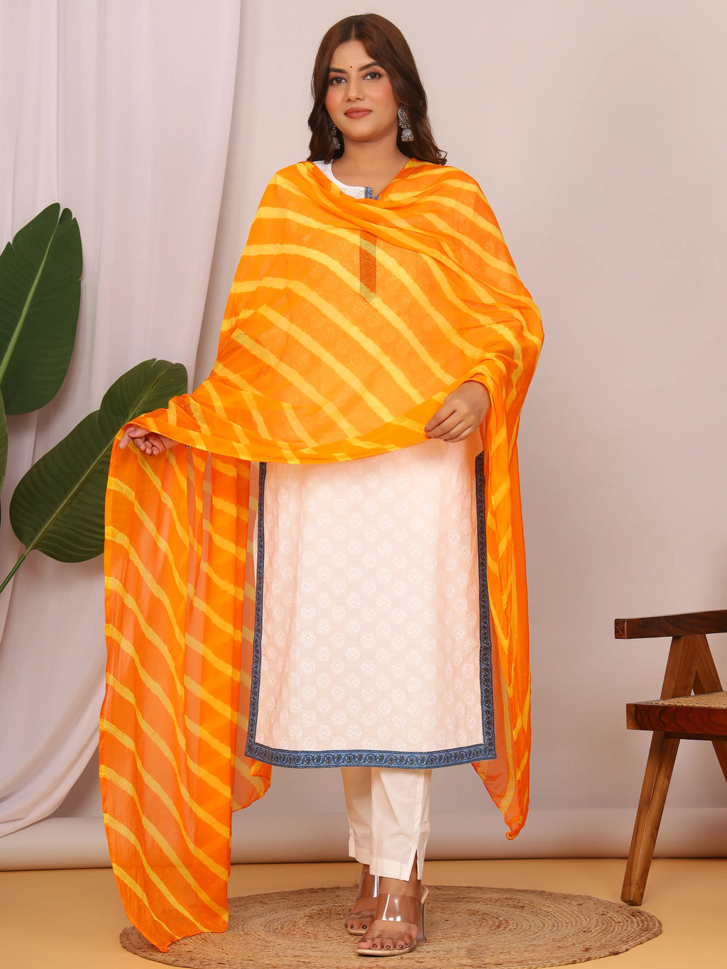 Yellow Orange Nazmin Chiffon Hand Tied Leheriya Dupatta (2.5 Meter)