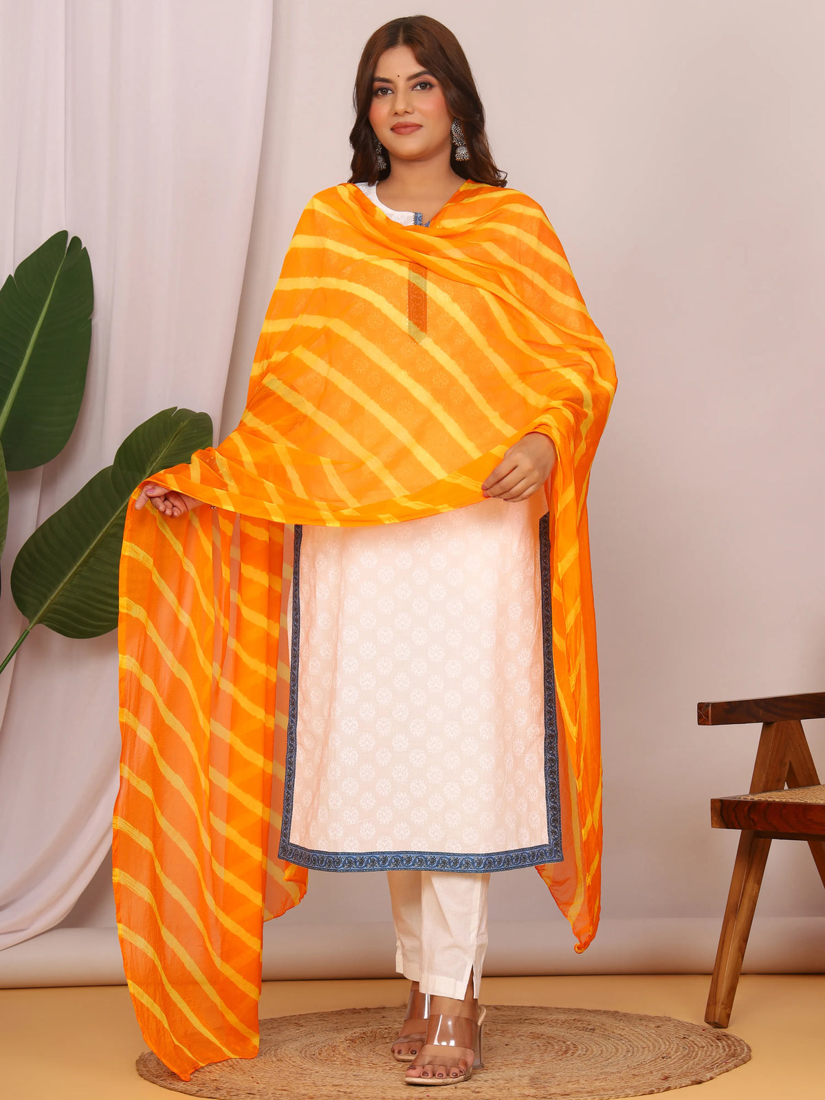 Yellow Orange Nazmin Chiffon Hand Tied Leheriya Dupatta (2.5 Meter)