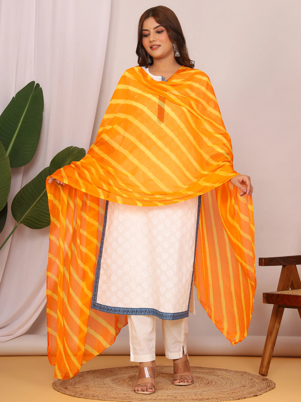 Yellow Orange Nazmin Chiffon Hand Tied Leheriya Dupatta (2.5 Meter)