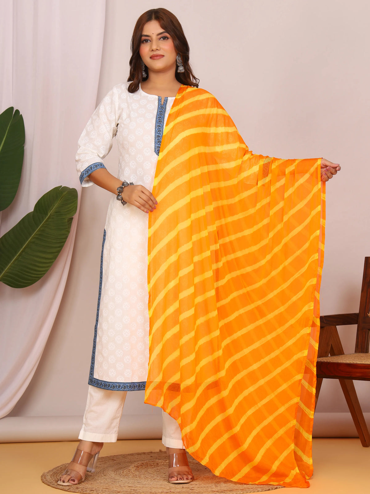 Yellow Orange Nazmin Chiffon Hand Tied Leheriya Dupatta (2.5 Meter)