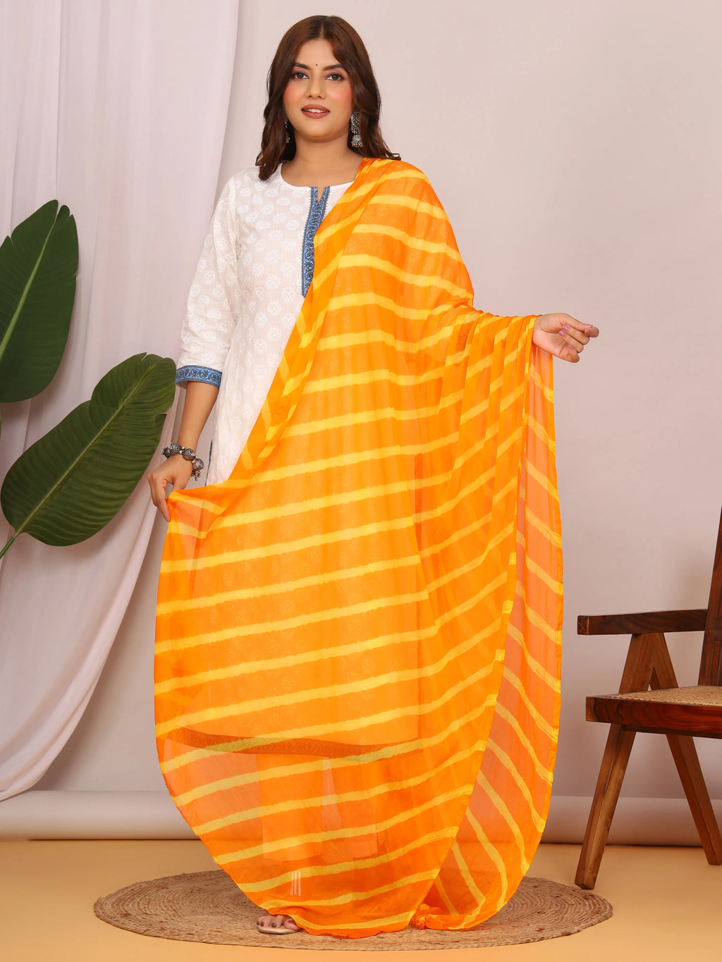 Yellow Orange Nazmin Chiffon Hand Tied Leheriya Dupatta (2.5 Meter)