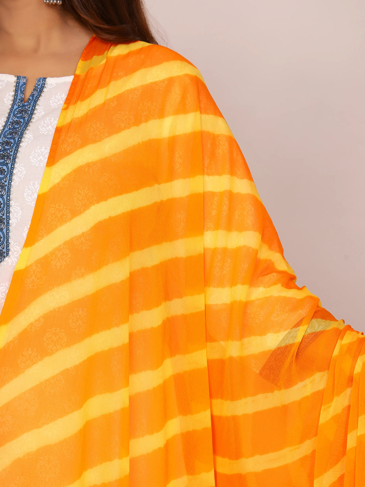 Yellow Orange Nazmin Chiffon Hand Tied Leheriya Dupatta (2.5 Meter)