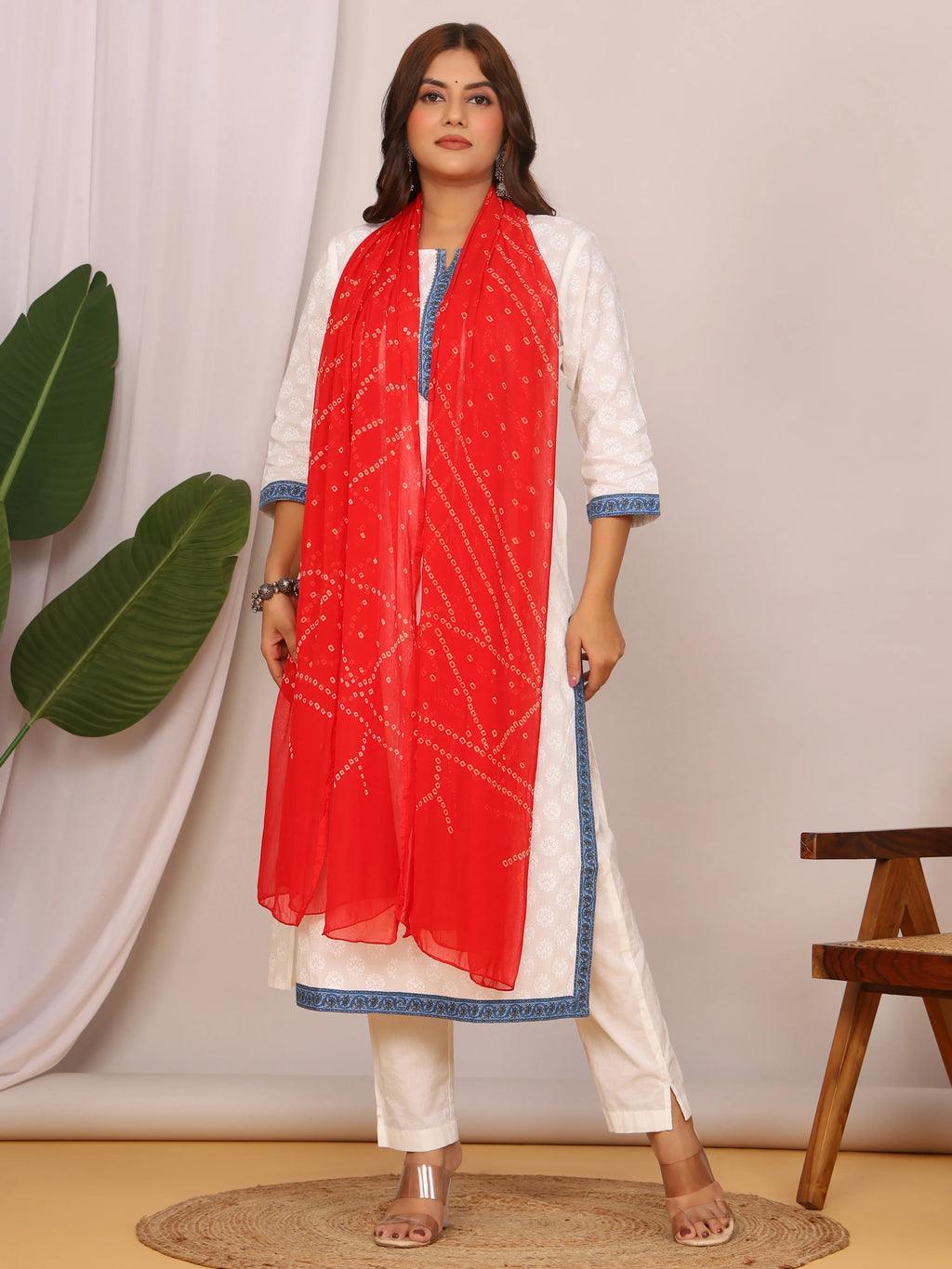 Red Nazmin Chiffon Hand Tied Bhandej Dupatta (2.5 Meter)