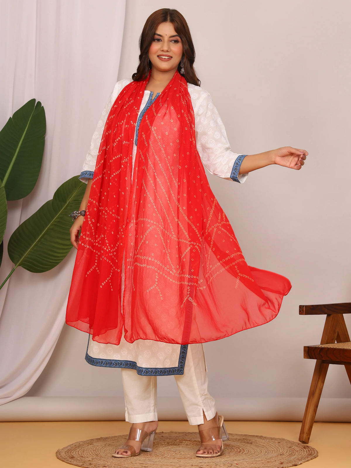 Red Nazmin Chiffon Hand Tied Bhandej Dupatta (2.5 Meter)