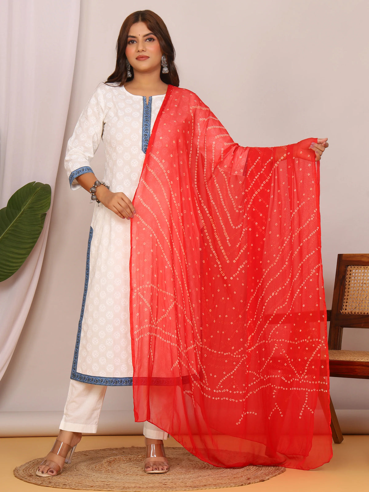 Red Nazmin Chiffon Hand Tied Bhandej Dupatta (2.5 Meter)